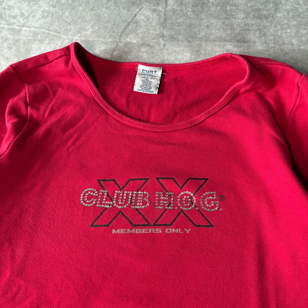 Vintage  Club Hog Members Only Red Rhinestone Biker Chic Long Sleeve Top XL